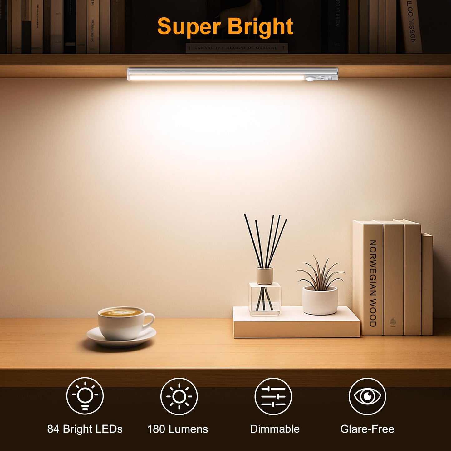 Gritin 10.2inch Under Cabinet Lighting Rechargeable -84 LED Super Bright,3-Color& 5 Level Brightness,4 Modes,Motion Sensor, Long Lasting- Easy Installation Magnetic Under Cabinet Closet Lights -2 Pack