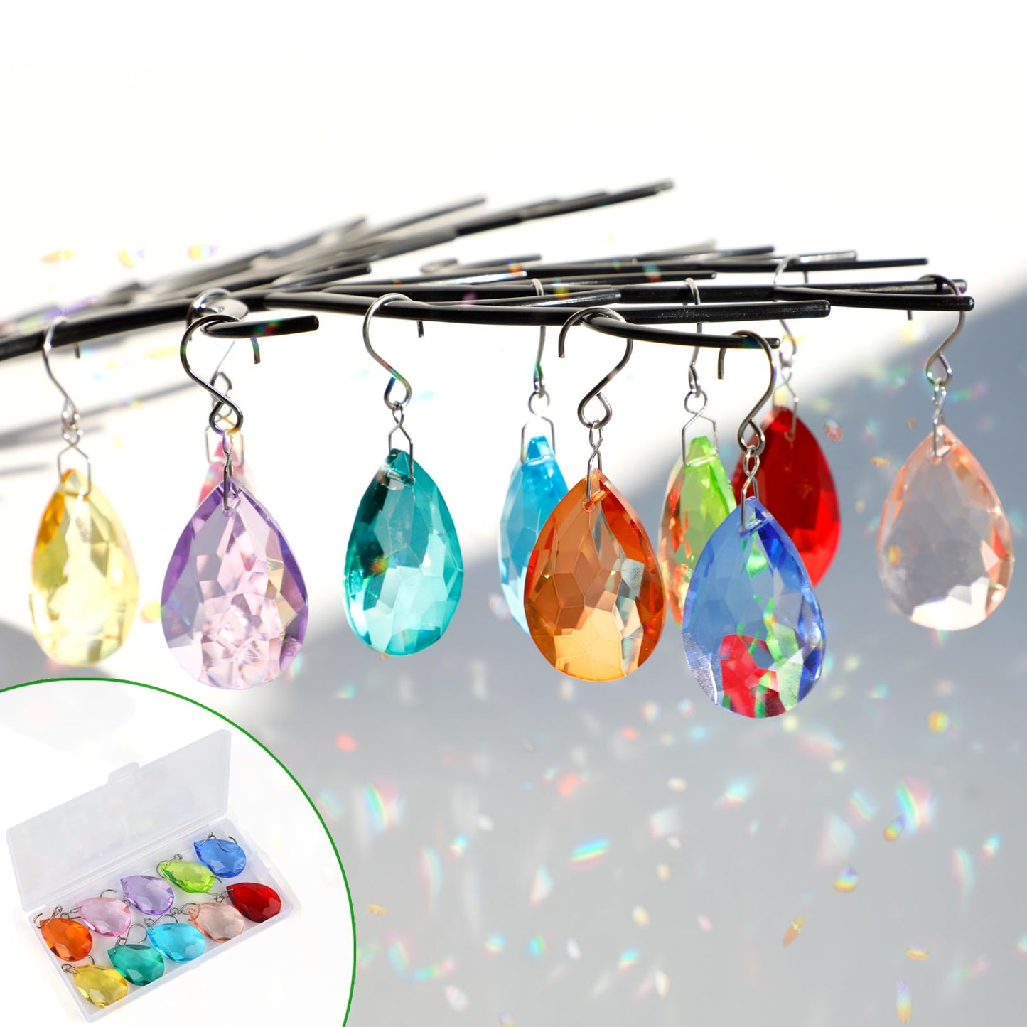 38mm Crystal Suncatcher Prism, 10pcs Multicolor Teardrop Crystals Chandeliers Replacement Pendants for Lamp Windows Hanging Rainbow Maker Ornaments Birthday Wedding Party Home Decor Gifts