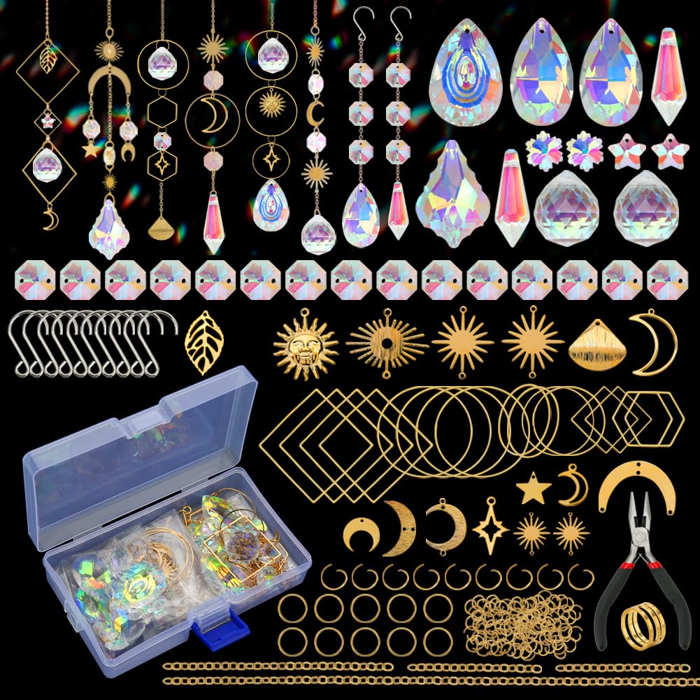 HYBEADS 200 Pcs DIY Suncatcher Making Kits for Adults Crystal Sun Catchers Crafts with Hooks Chains Pendants Rainbow Maker for Window Hanging Prism Indoor Outdoor Garden Xmas Wedding Party Decor