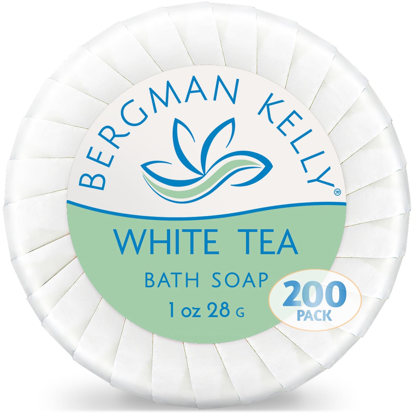 BERGMAN KELLY - Hotel Soap Bars - White Tea, 1 oz, 200 PK - Travel Size Luxury Bulk Amenities Bar Soap, Mini Individually Wrapped Round Soap - Small Toiletries for Airbnb, Motel, Guest Bathroom