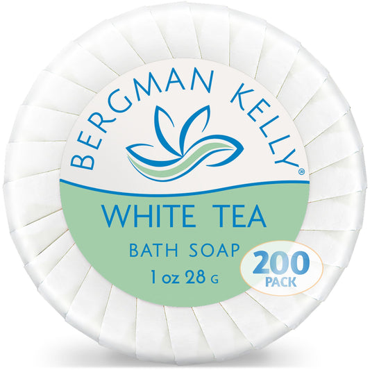 BERGMAN KELLY - Hotel Soap Bars - White Tea, 1 oz, 200 PK - Travel Size Luxury Bulk Amenities Bar Soap, Mini Individually Wrapped Round Soap - Small Toiletries for Airbnb, Motel, Guest Bathroom