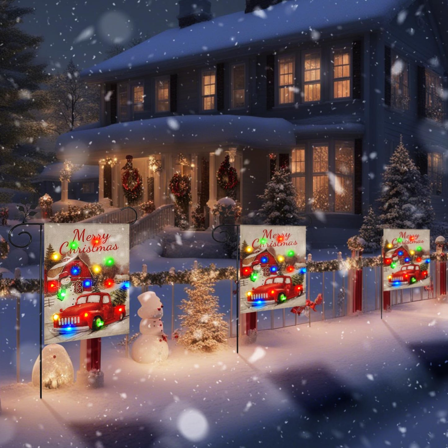 Christmas Lights Garden Flag,Double Sided Christmas LED Outdoor Christmas Yard Flag for Winter Christmas Outdoor Decoration (Multi_car, 12 * 18)