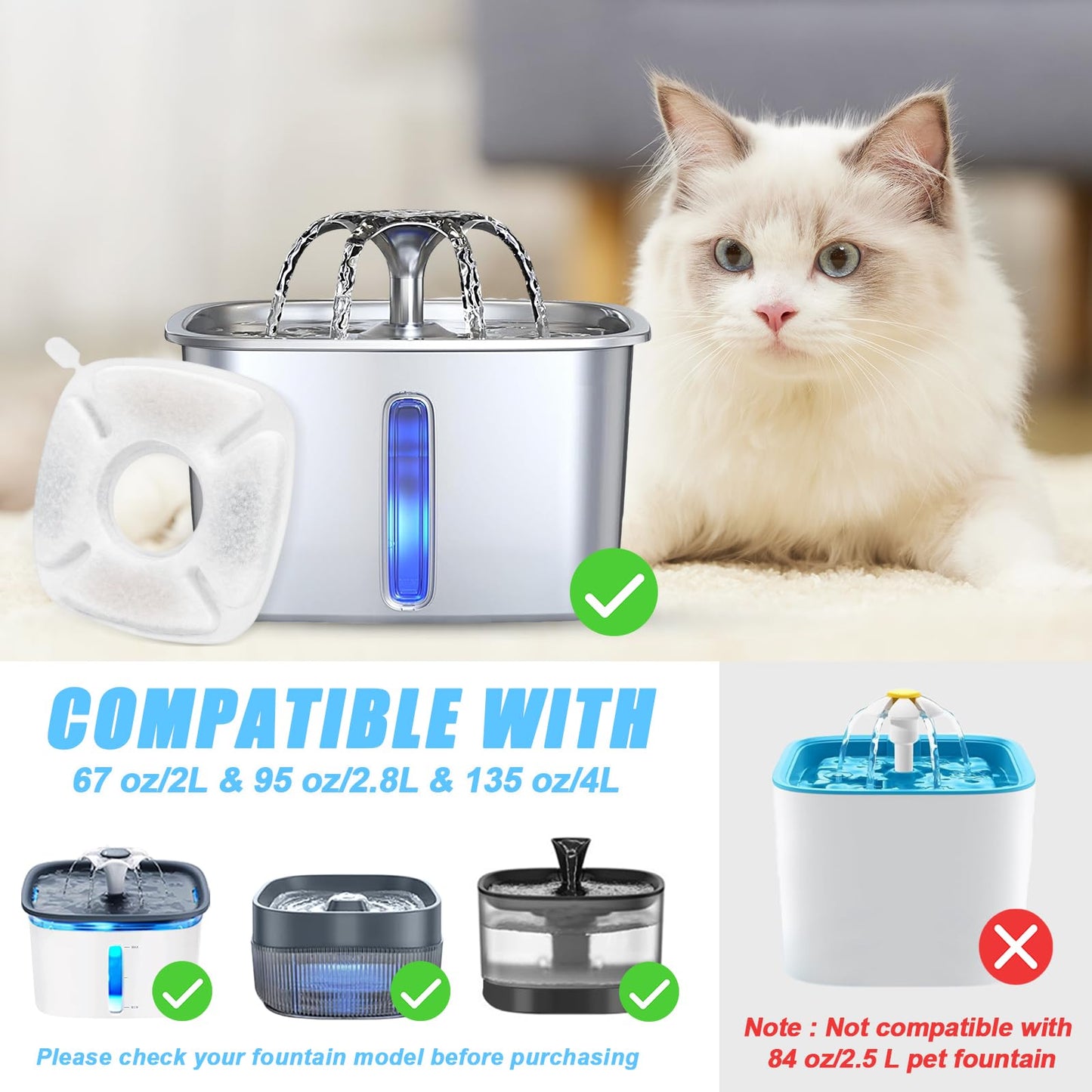 24 Pack Cat Water Fountain Replacement Filters, 12 Pcs Cats Fountain Filters & 12 Pcs Pre-Filter Sponges for 95oz/2.8L 135oz/4L 67oz/2L Automatic Pet Dog Fountain Water Dispenser