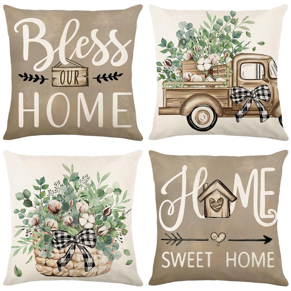 wyooxoo Throw Pillow Covers 18x18 Set of 4 Farmhouse Pillow Covers Home Sweet Home Cushion Cases for Sofa Couch Living Room Outdoor Home Decor