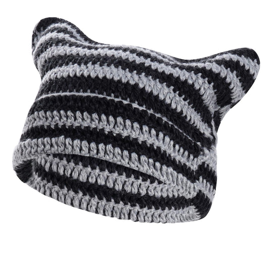 hoyuwak Crochet Cat Ear Beanie Hat Stripes Goth Knit Striped Winter Warm Cap for Men Women Festival Holiday Christmas (US, Alpha, One Size, Black and Gray Stripes)