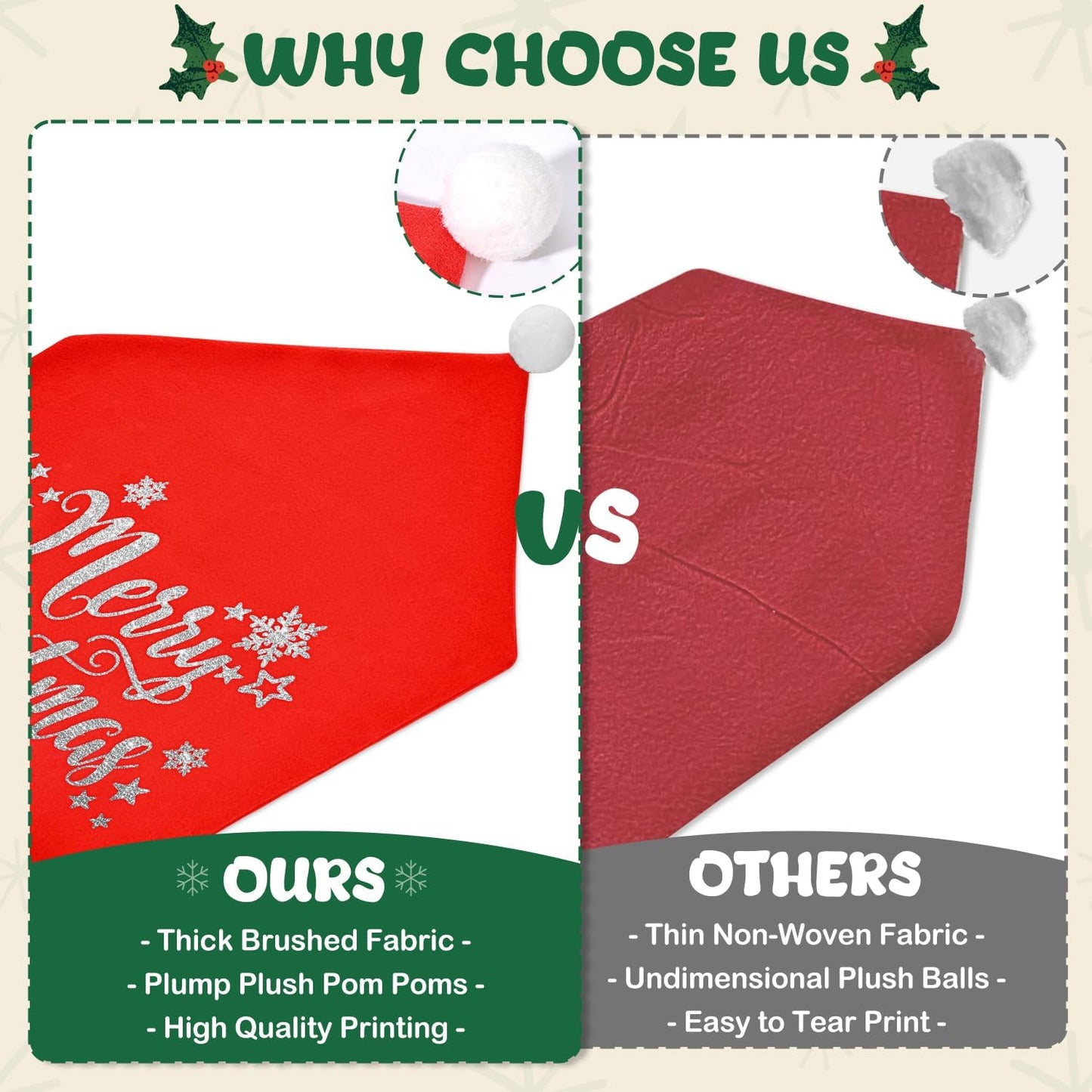 CreiYuan Christmas Chair Covers Set of 4 Santa Hat, Silver Glitter Print, High Resilience Pompon on Top, Size 25"x20", Christmas Decorations Indoor for Dining Room, Christmas Party Decorations