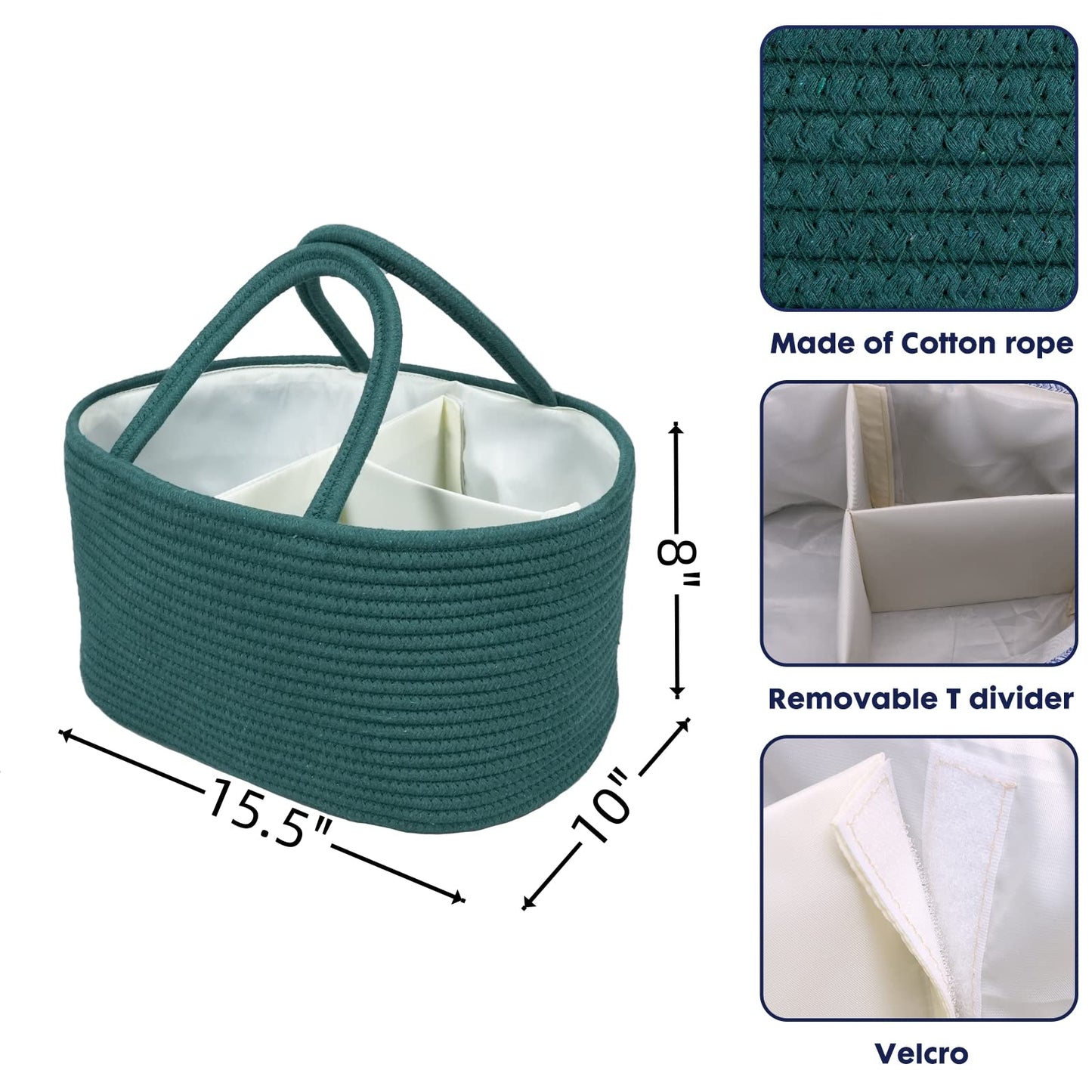 XUANGUO Large Baby Diaper Caddy Organizer for Girl Boy Rope Nursery Storage Bin Basket Portable Holder Tote Bag for Changing Table Car Travel Baby Shower Gifts basket dark green