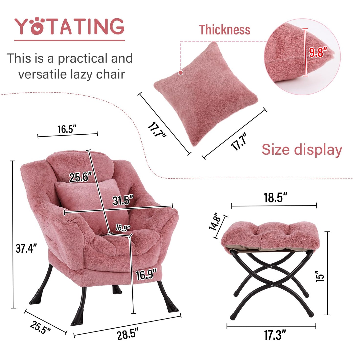 YOTATING Lazy Chair with Ottoman, Comfy Reading Lounge Chair with Footstool & Throw Pillow Modern with Armrests & Side Pocket for Living Room, Bedroom, Dorm Room, Plush Dark Pink