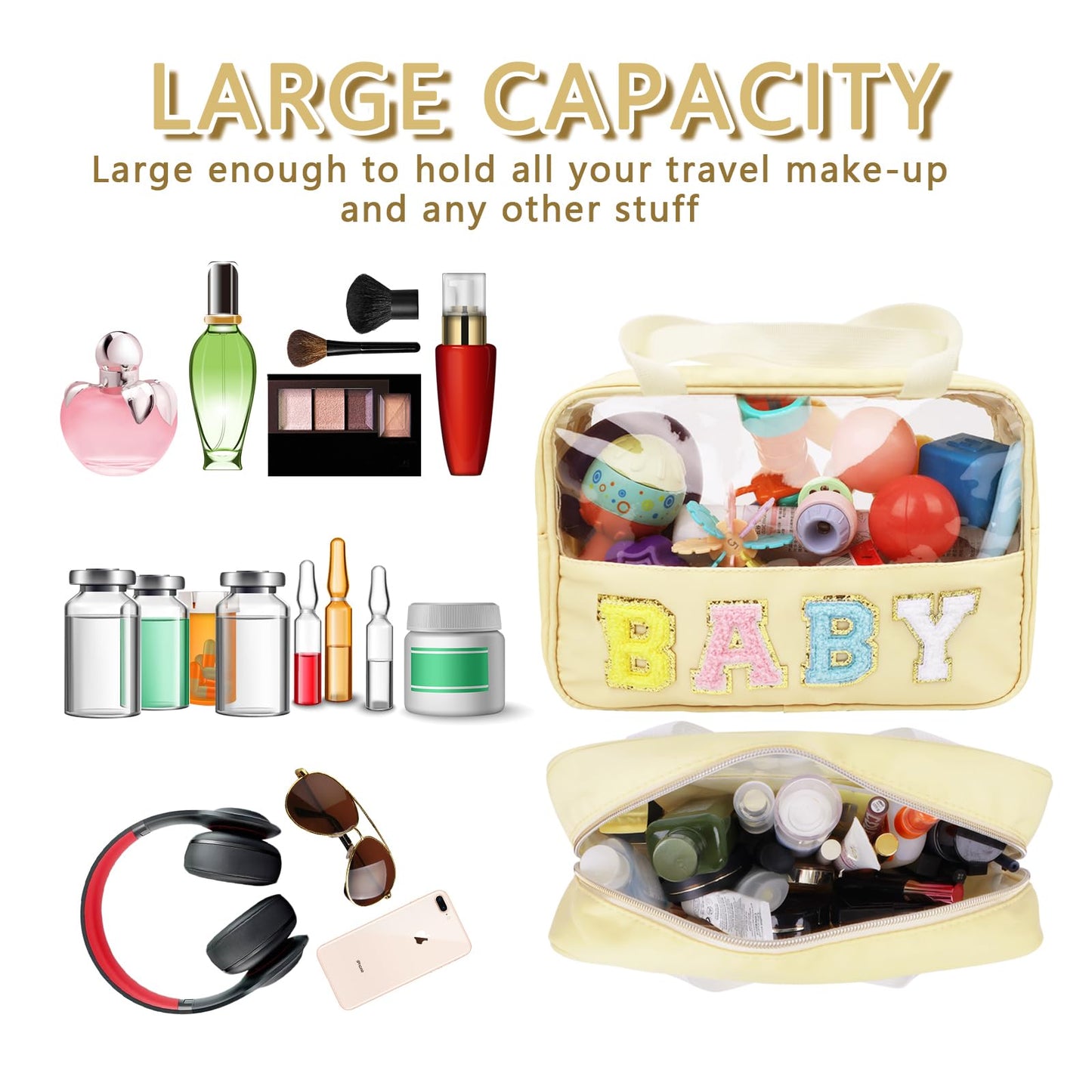 Iqimott Chenille Letter Patch Baby Bag, Preppy Clear Makeup Cosmetic Bag Large Toiletry Storage Tote Bag with Handle, Transparent Nylon Waterproof Organizer Zipper Pouch for Travel Women Girls(Beige)