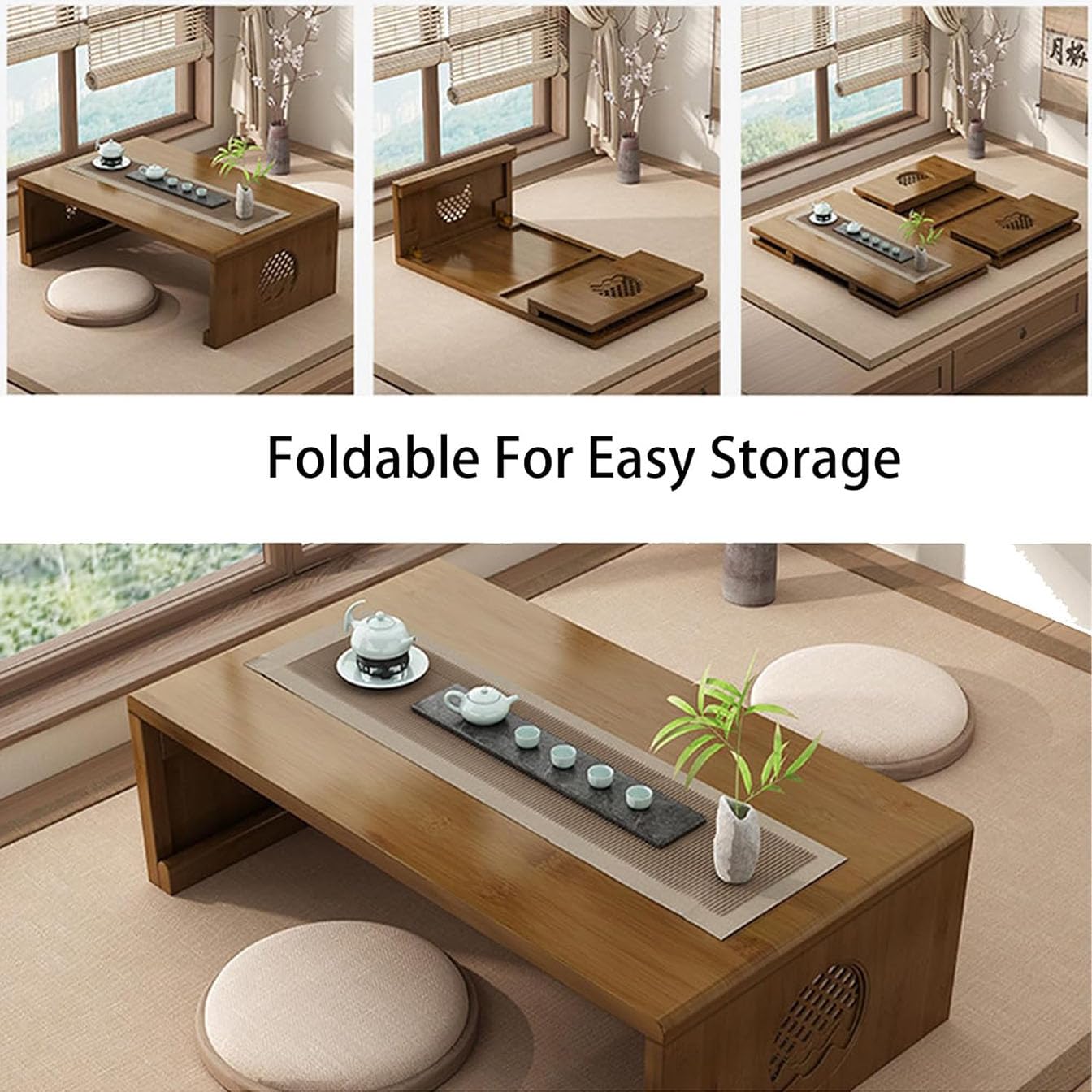Japanese Coffee Table,Foldable Floor Table Low Natural Brown Coffee Minimalist Tatami Table,Suitable for Living Room,Dining Room (100CM)