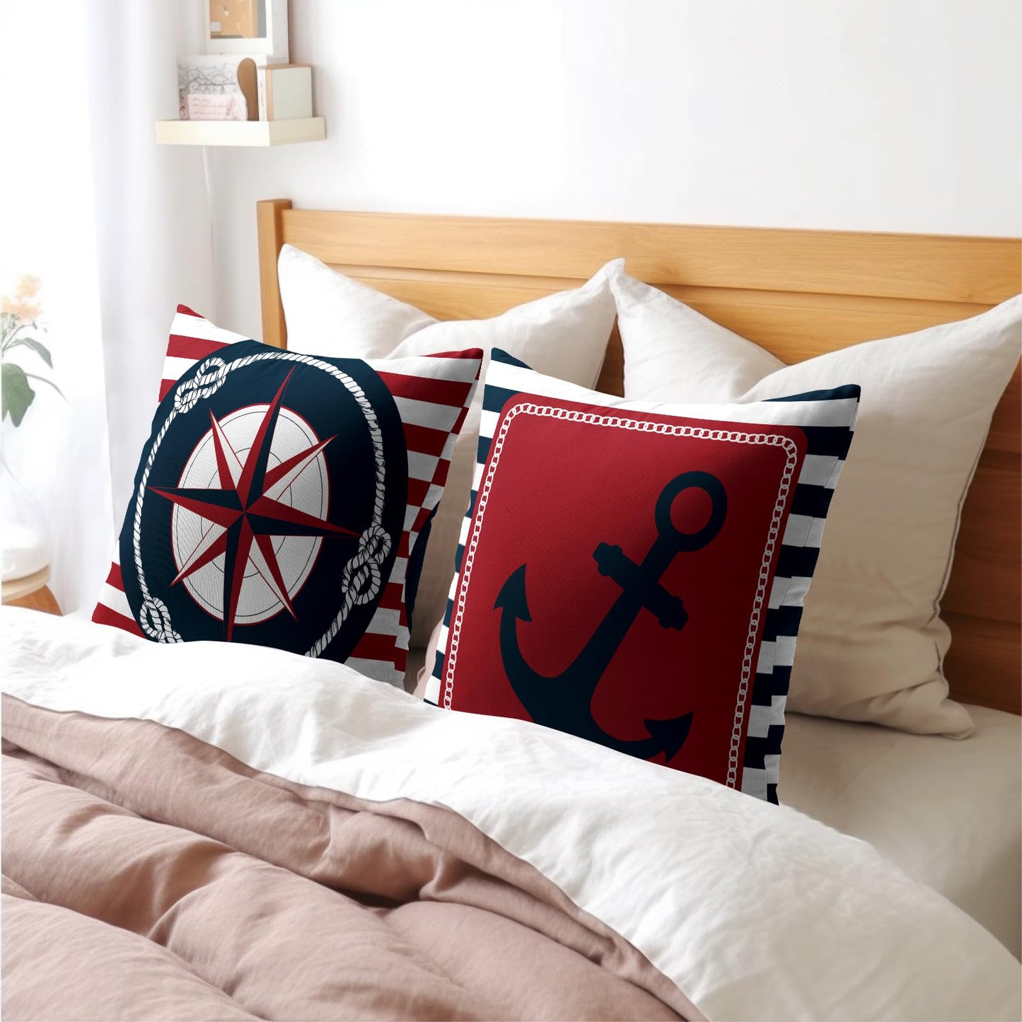 Anchor Compass Throw Pillow Cases Outdoor Nautical Pillow Covers Blue and White Stripes Decorative Cushion Cover 18x18 Inch Red and White Cotton Linen Pillowcases for Beach Coast Home Bedroom