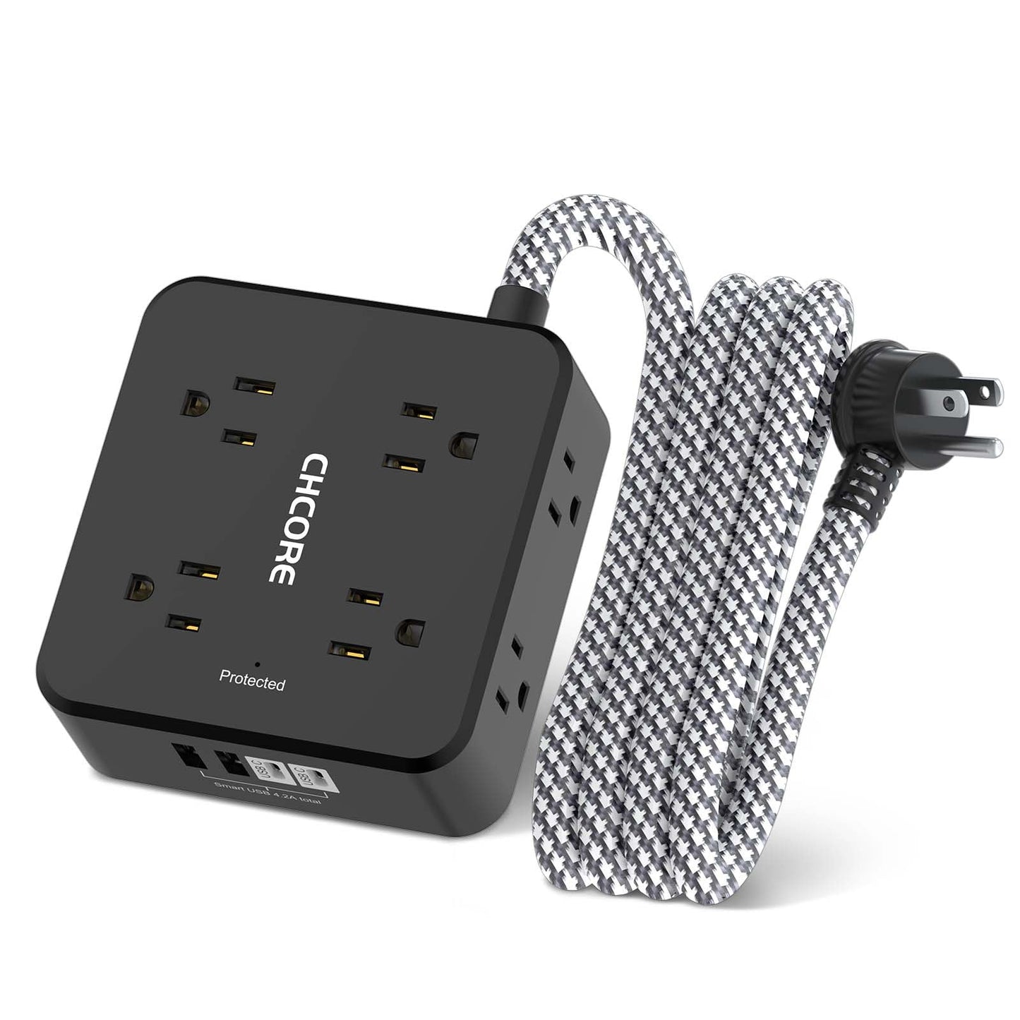 Surge Protector Power Strip - CHCORE 5Ft Braided Extension Cord with 8 Outlets with 4 USB (2 USB C) Charging Ports, Flat Plug Multi Plug Outlet Extender Charging Station for Home Office, ETL, White