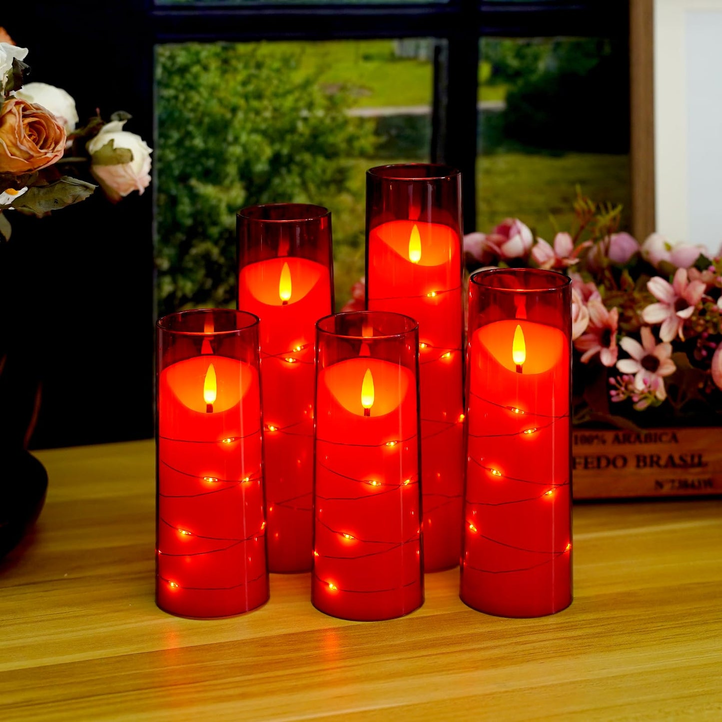 Flameless Candles,with Embedded Star String, Battery Operated Candles Flickering LED Candles with Remote Control and Timer, for Home Decoration Creating an Atmosphere，Set of 5 (Red)