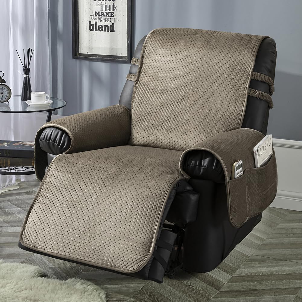 STONECREST Recliner Chair Cover, Water Resistant Velvet Quilted Slipcover, Stay in Place (Brown/Grey, Recliner 23" Regular)