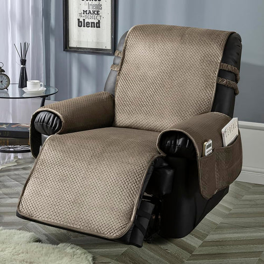 STONECREST Recliner Chair Cover, Water Resistant Velvet Quilted Slipcover, Stay in Place (Brown/Grey, Recliner 23" Regular)