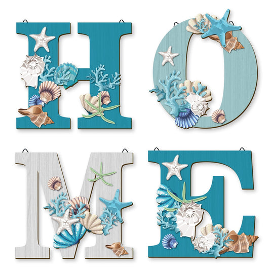 4 Pcs Wood Home Sign Coastal Beach Wall Decor Beach Style Signs Blue Starfish and Shell Wall Decor Beach Theme Sign for Home Letters Hanging Wall Decor Art Signs for Living Room Kitchen Bedroom Decor