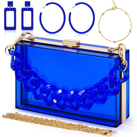 Jadive 4 Pcs Women Acrylic Hand Purse Clear Clutch Evening Bag Retro Earring Bracelet Jewelry Set Neon Vintage Wedding Gift(Blue)