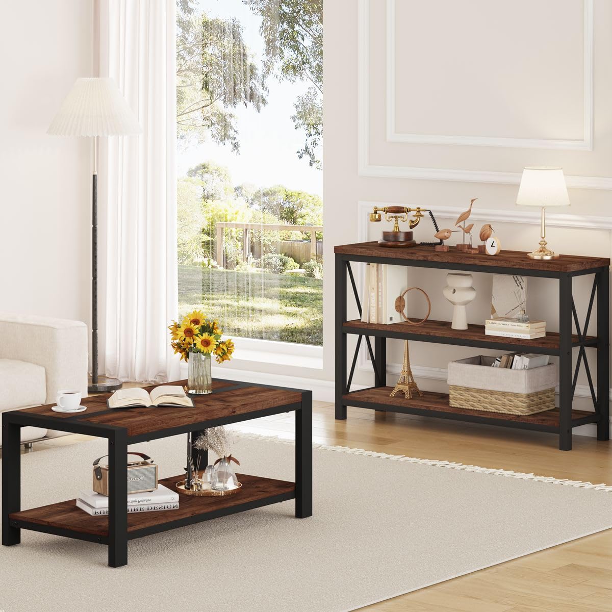 BON AUGURE Coffee Table for Living Room, Industrial Wood and Metal Living Room Tables, Farmhouse Rectangular Center Table (Rustic Oak, 43 Inch)