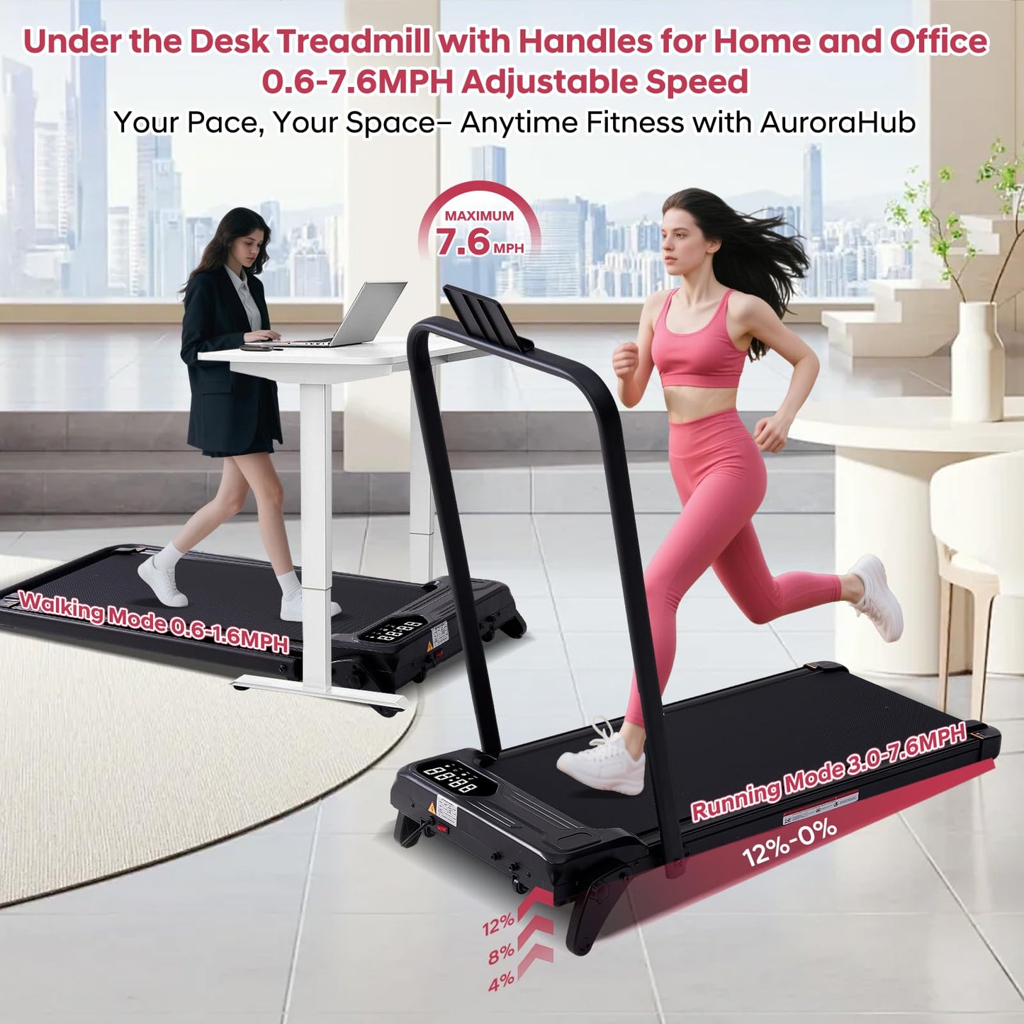 Foldable Walking Pad Treadmill with 12% Adjustable Incline and Handle Bar, 3.5HP Portable Folding Treadmills for Home Small, 4 in 1 Under The Desk Electric Treadmill with Handles, 0.6-7.6MPH, 350LBS