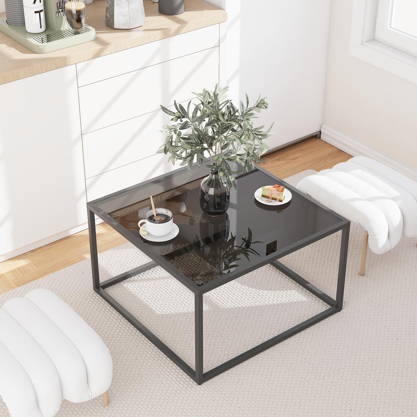 YMYNY Glass Coffee Table, Tempered Glass Square Coffee Tables with Metal Frame, Unique Modern Table for Living Room Home Office 26.77" x 26.77" x 15.75", Black, UHCT001B