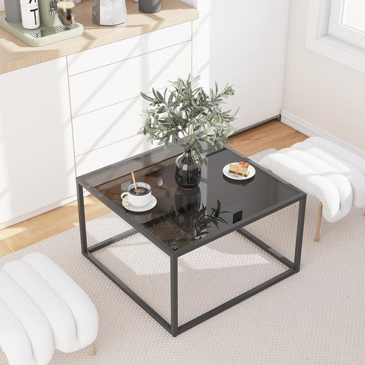 YMYNY Glass Coffee Table, Tempered Glass Square Coffee Tables with Metal Frame, Unique Modern Table for Living Room Home Office 26.77" x 26.77" x 15.75", Black, UHCT001B