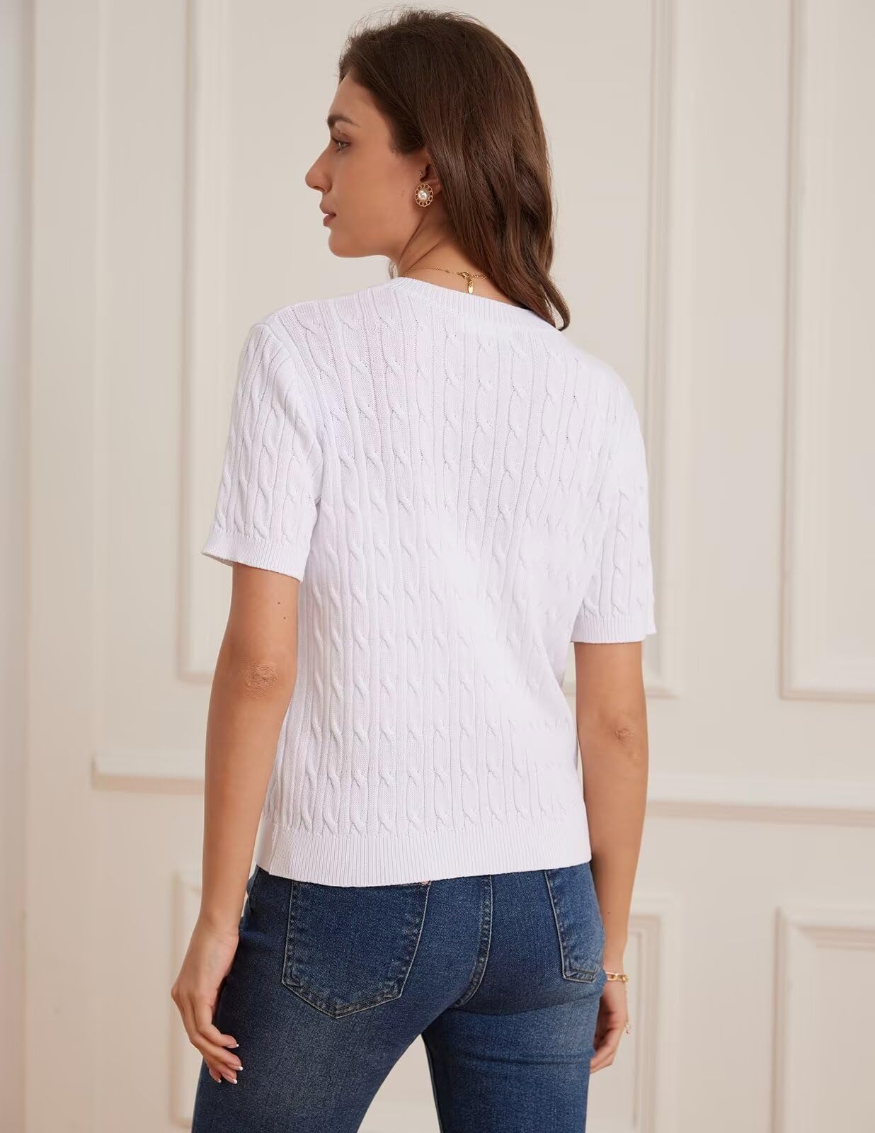 GRACE KARIN Women's Short Sleeve Sweater Cardigan Button Up White Sweater Cable Knit Soft Dressy Cardigan M