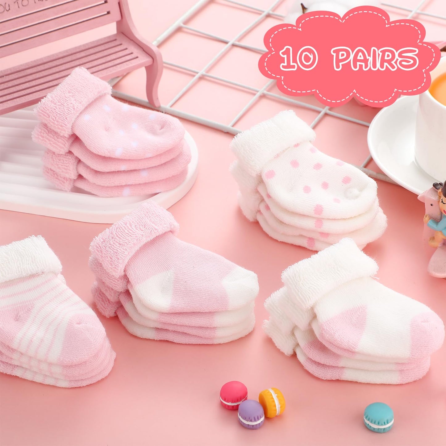 Twistover 10 Pairs Preemie Baby Terry Cotton Turn Cuff Socks for Newborn Girls Boys - Nicu(Pink, White,Preemie)
