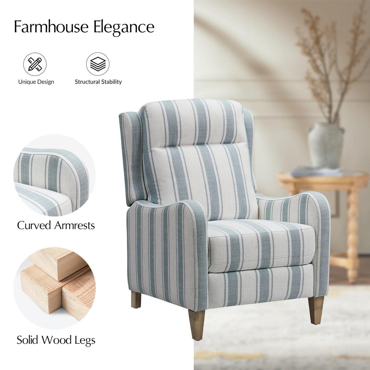 HULALA HOME Pushback Recliner Chair with Solid Wood Legs, Fabric Striped Comfy Upholstered Seating with Footrest, Armchair for Living Room/Reading, Blue