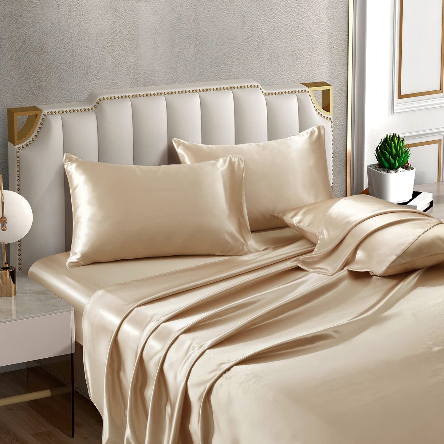 Horbaunal 6 Piece Satin Sheet Set King Size Luxury Silky & Soft Beige Satin King Bed Sheet Set with 16" Deep Pocket, 1 Fitted Sheet, 1 Flat Sheet, 4 Pillowcases