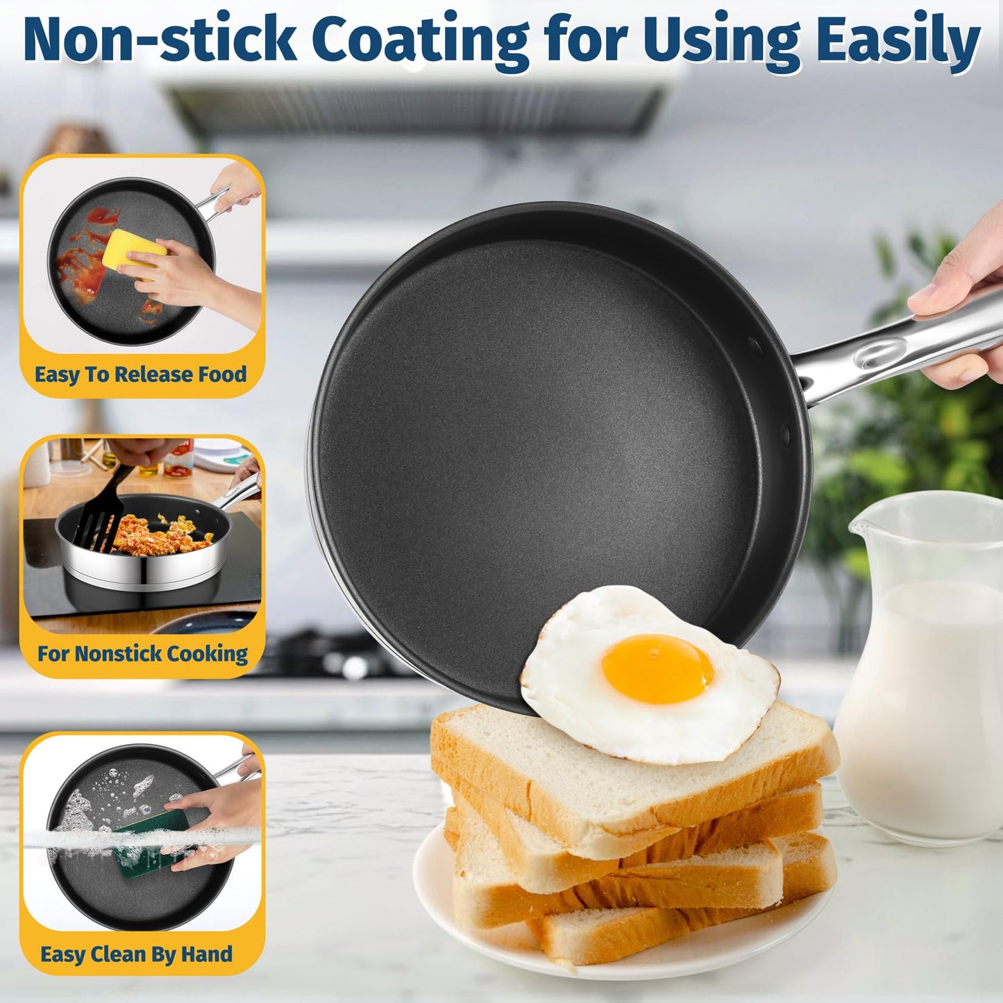 P&P CHEF 10 Pcs Pots and Pans Sets, Stainless Steel Cookware Set of 6 for Kitchen, Induction Cooking Pot & Saucepans with Glass Lids, Nonstick Frying Pans & Saute Pan