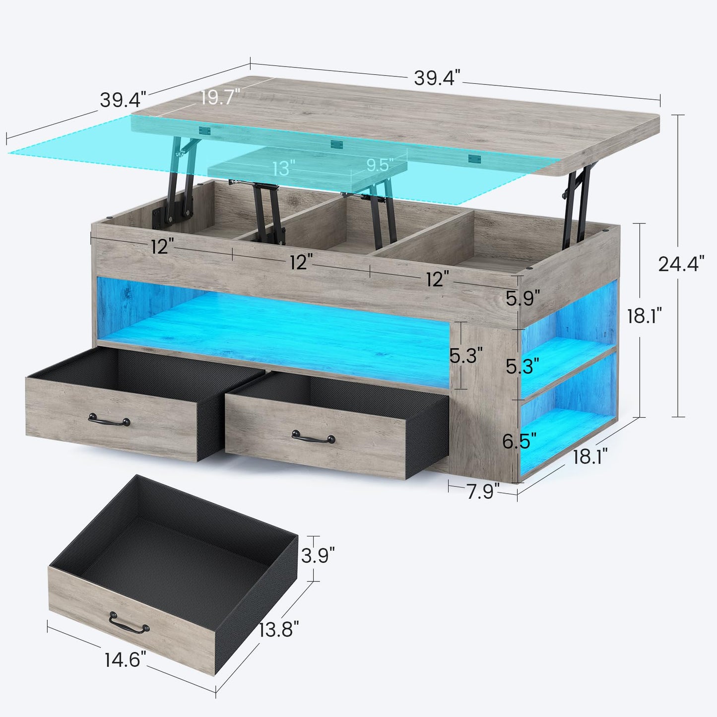 Itaar Lift Top Coffee Table, 4 in 1 Coffee Tables with Storage and Hidden Compartment, Farmhouse Coffee Table with 2 Fabric Drawers & LED Light for Living Room, Grey Oak