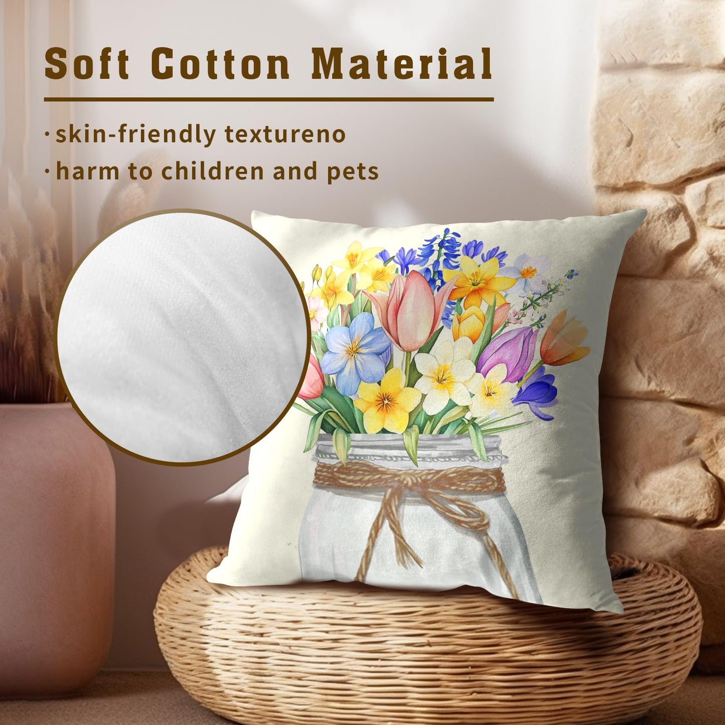 Easter Flowers Throw Pillow Covers 18x18 Set of 2, Spring Tulip Lavender Floral Mason Jar Square Pillowcases Cotton Cushion Cover Decoration for Couch Sofa Living Room Bedroom Home