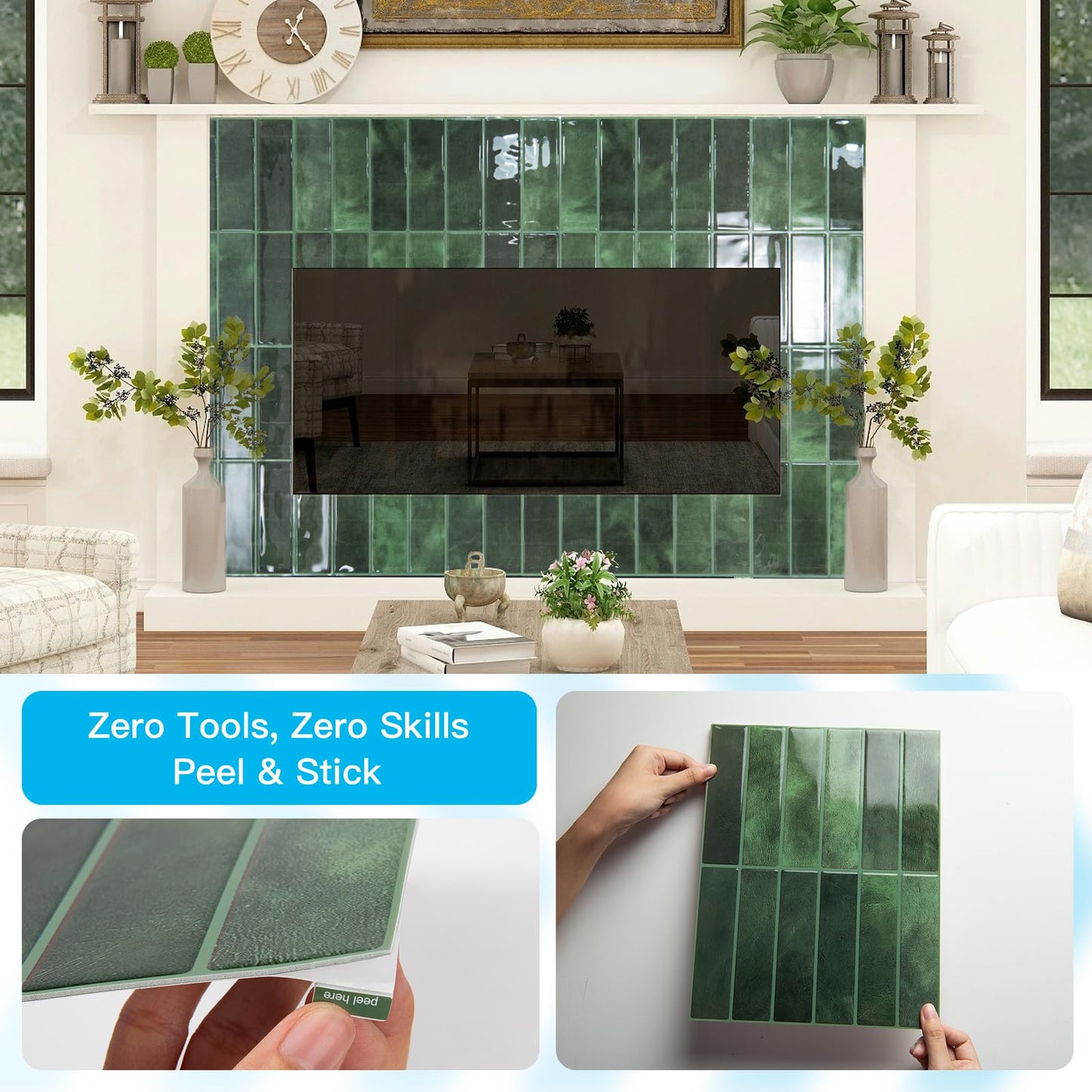 Art3d 11.4 x 9 Inch Heavy-Duty Peel and Stick Backsplash for Home Décor, 10-Pack Vinyl Wall Tiles for Kitchen Countertop, Green