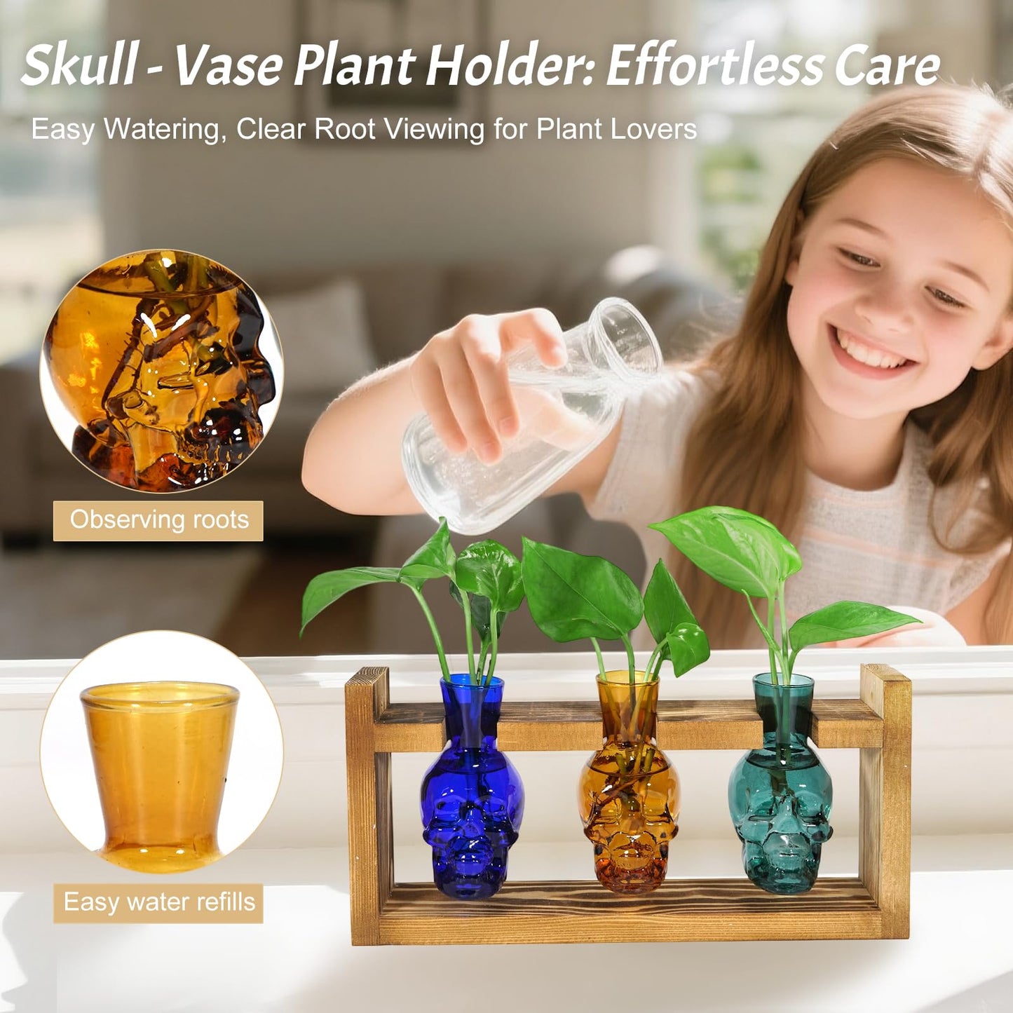 Plant Terrarium Propagation Stations Hydroponics Planter Vase Skulls Decor with Wooden Stand Gift (3*Mixed Color)