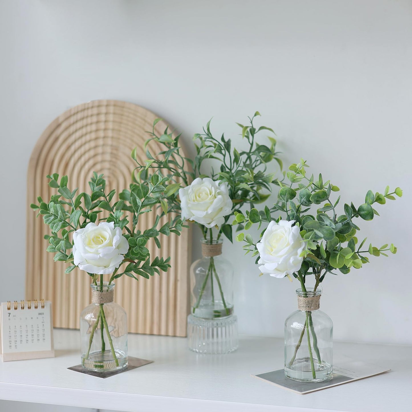 3 Pack Mini Fake Plants and Artificial Flowers with Faux Water in Vase,Silk Roses and Eucalyptus with Fake Water in Glass Vase for Centerpiece Table Decorations Kitchens Office Home decor (White)