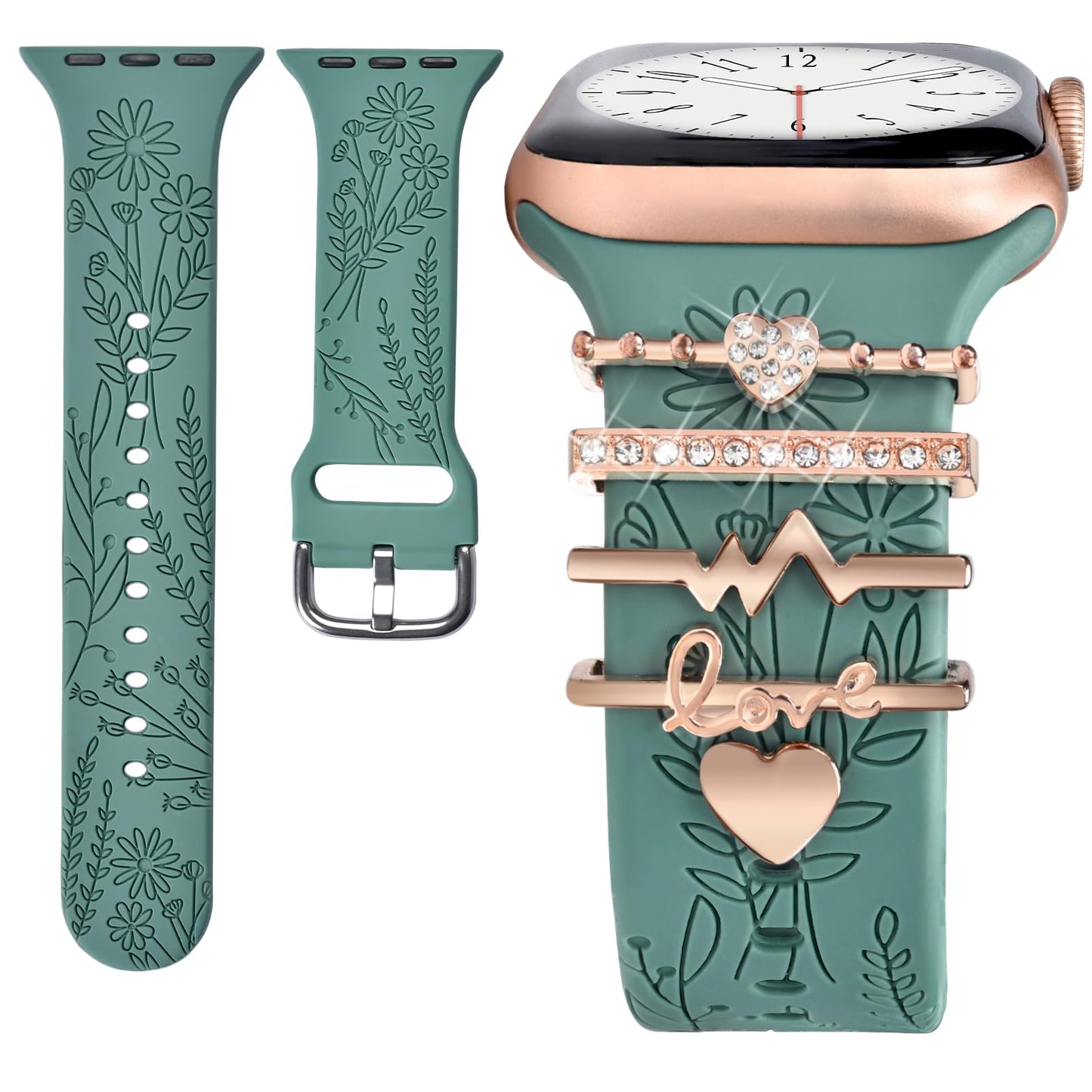 ORATYFAN Watch Band Charms (Band Included), Compatible with Apple Watch Band 38mm 40mm 41mm, Floral Engraved Silicone Straps & Decorative Rings Accessories for iWatch Series se 10 9 8 7 6 5 4 3 2 1