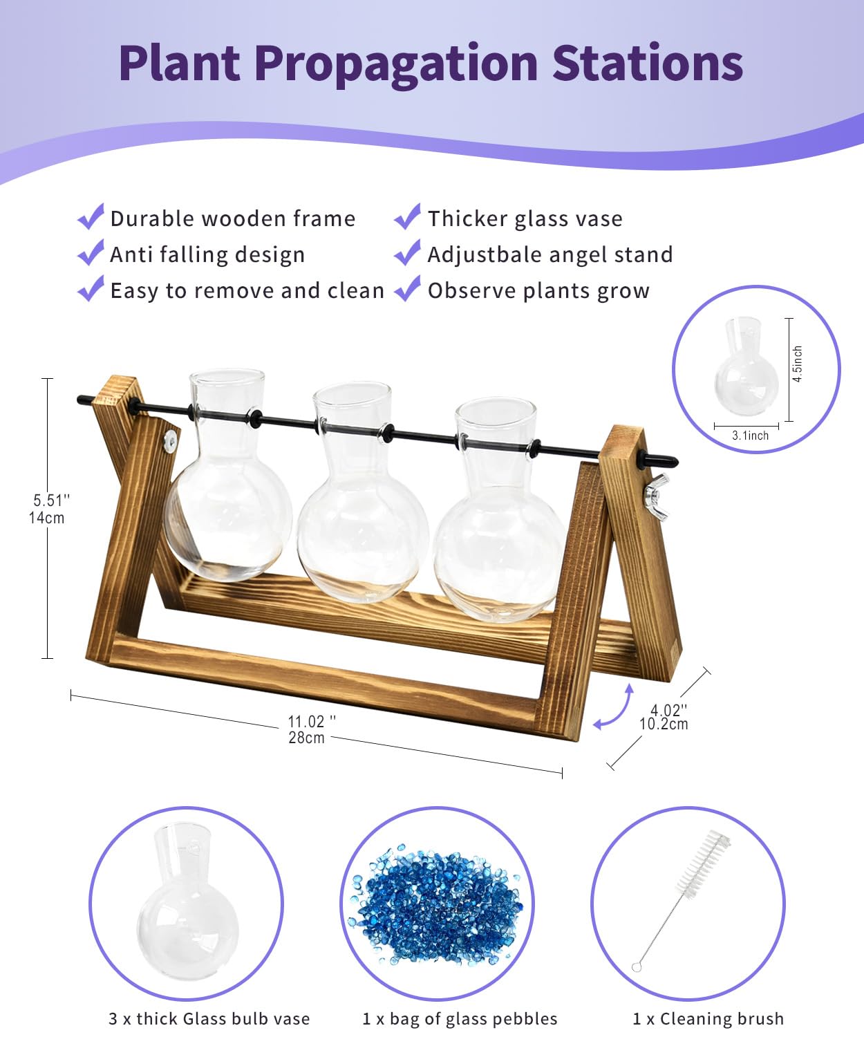 Nacome Plant Terrarium for Office Decor: Wooden Stand Tabletop Planter 3 Bulb Glass Vase Metal Swivel Holder for Hydroponics Indoor Home - Birthday Gifts for Women Mom Grandma