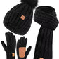 Womens Beanie Hat Scarf Gloves Set, Fleece Lined Winter Hat with Pom Pom, Long Knit Scarf Touchscreen Gloves for Cold Weather