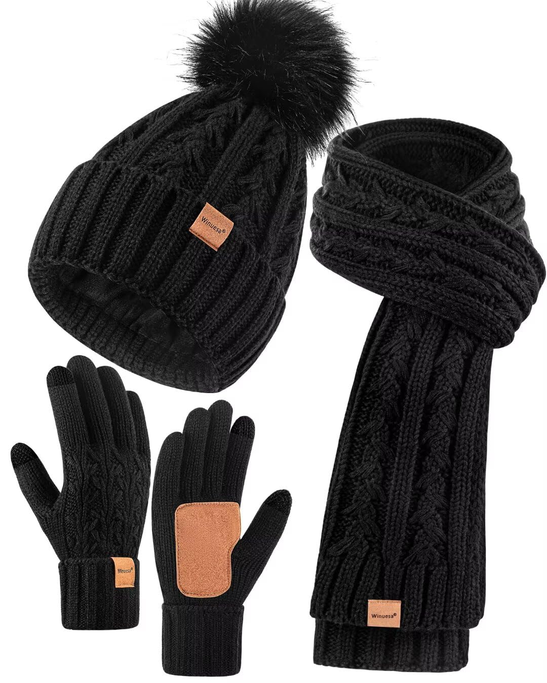 Womens Beanie Hat Scarf Gloves Set, Fleece Lined Winter Hat with Pom Pom, Long Knit Scarf Touchscreen Gloves for Cold Weather