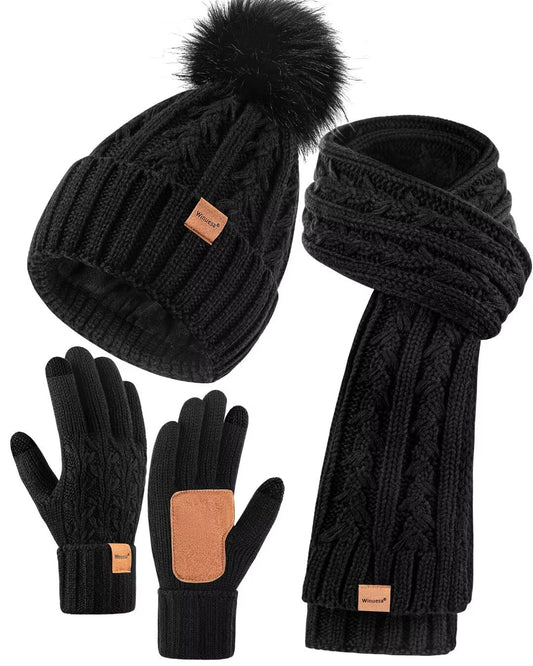 Womens Beanie Hat Scarf Gloves Set, Fleece Lined Winter Hat with Pom Pom, Long Knit Scarf Touchscreen Gloves for Cold Weather