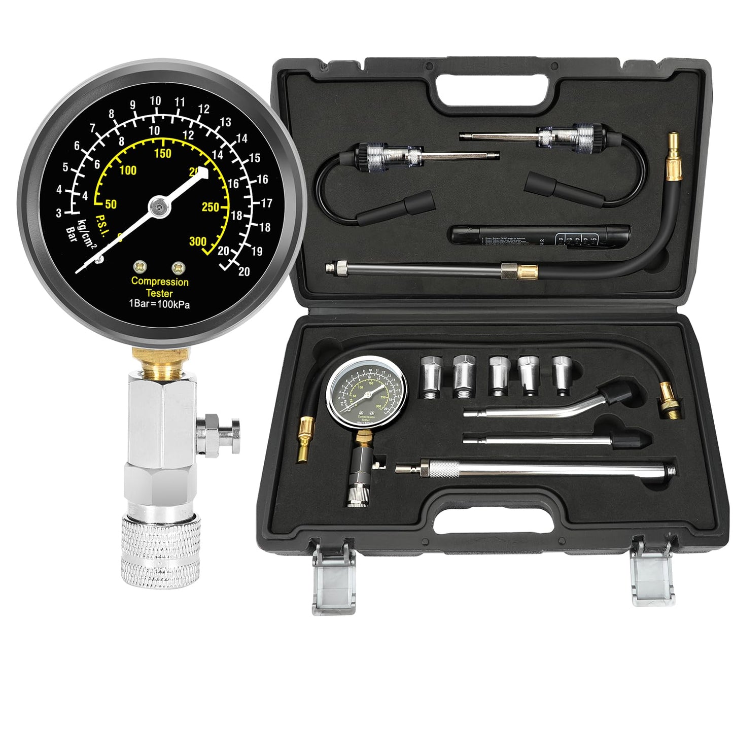 BETOOLL 13pcs Compression Tester with Spark Plug Tester - 300PSI Engine Cylinder Compression Gauge Automotive Tool