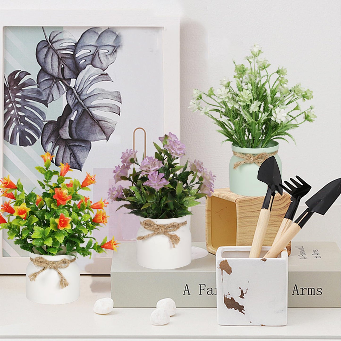 6pcs Artificial Pot Flowers Small Fake Plants with Pot Mini Potted Plants for House Office Tabletop Decoration