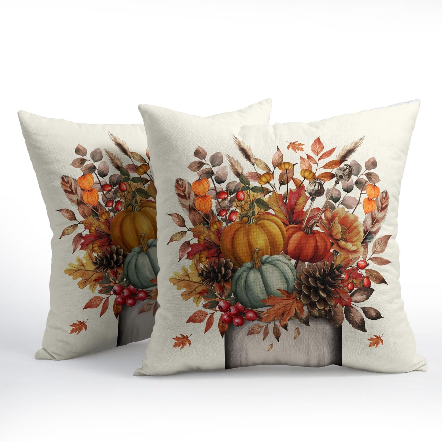 Fall Floral Maple Leaves Throw Pillow Covers 18X18 Inches Set of 2 Autumn Pumpkin Mason Jar Pillowcase Soft Cotton Linen Square Cushion Covers for Home Sofa Bedroom
