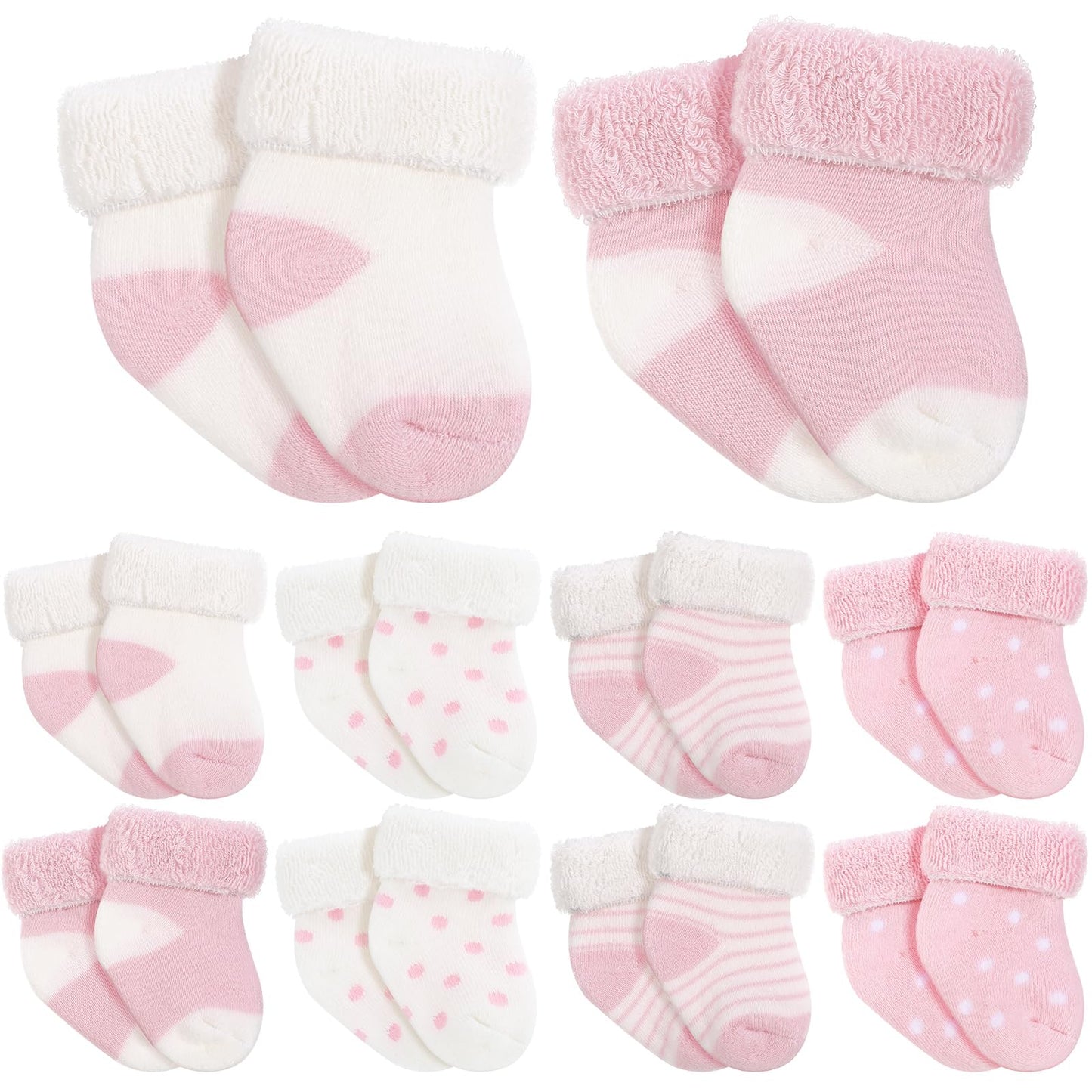 Twistover 10 Pairs Preemie Baby Terry Cotton Turn Cuff Socks for Newborn Girls Boys - Nicu(Pink, White,Preemie)
