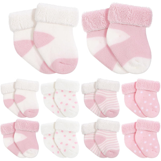 Twistover 10 Pairs Preemie Baby Terry Cotton Turn Cuff Socks for Newborn Girls Boys - Nicu(Pink, White,Preemie)