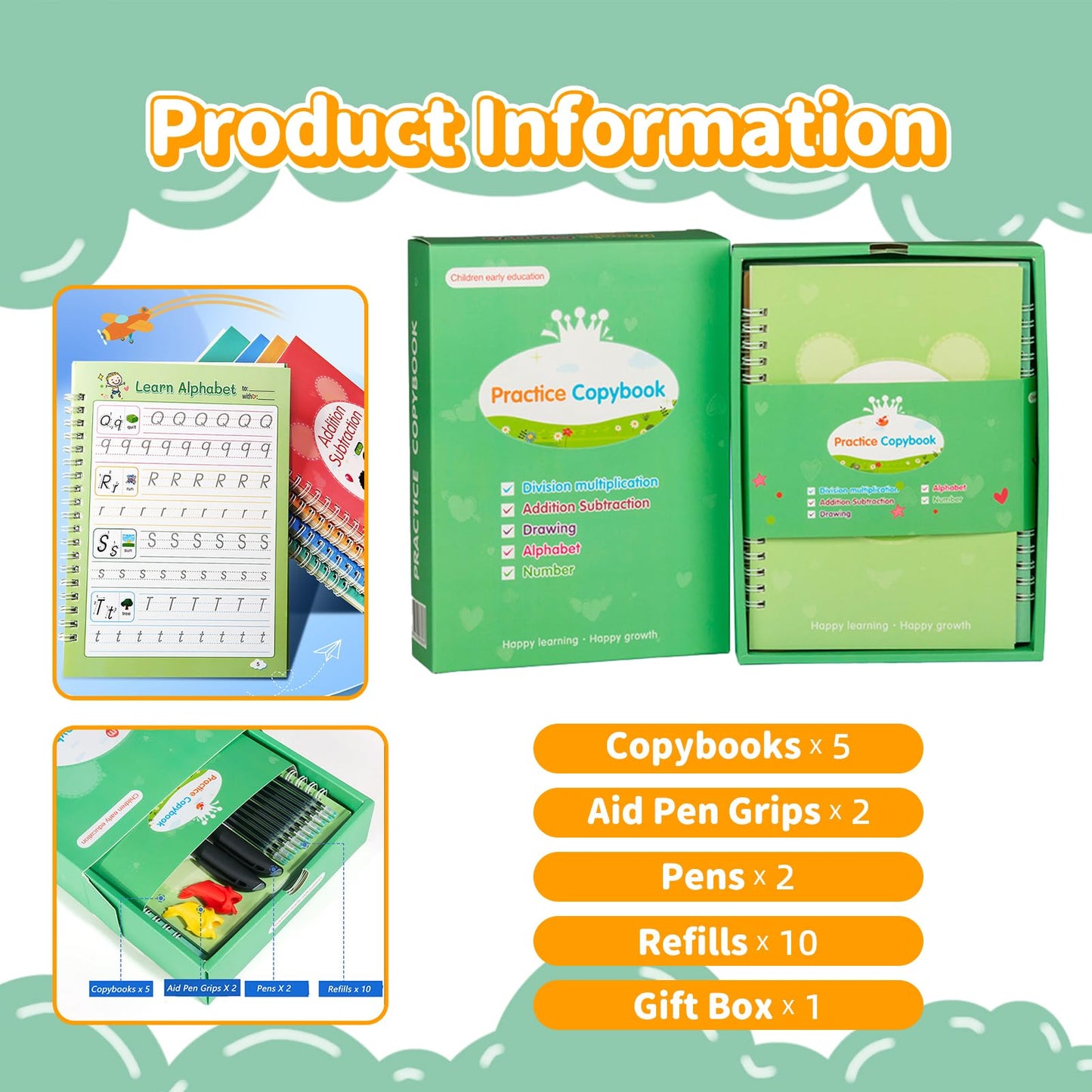 Grooved Writing Books for Kids, Magic Practice Copybook, Reusable Handwriting Practice Book Kit for Kids Age 3-8 Calligraphy, 7.8in×5.5in