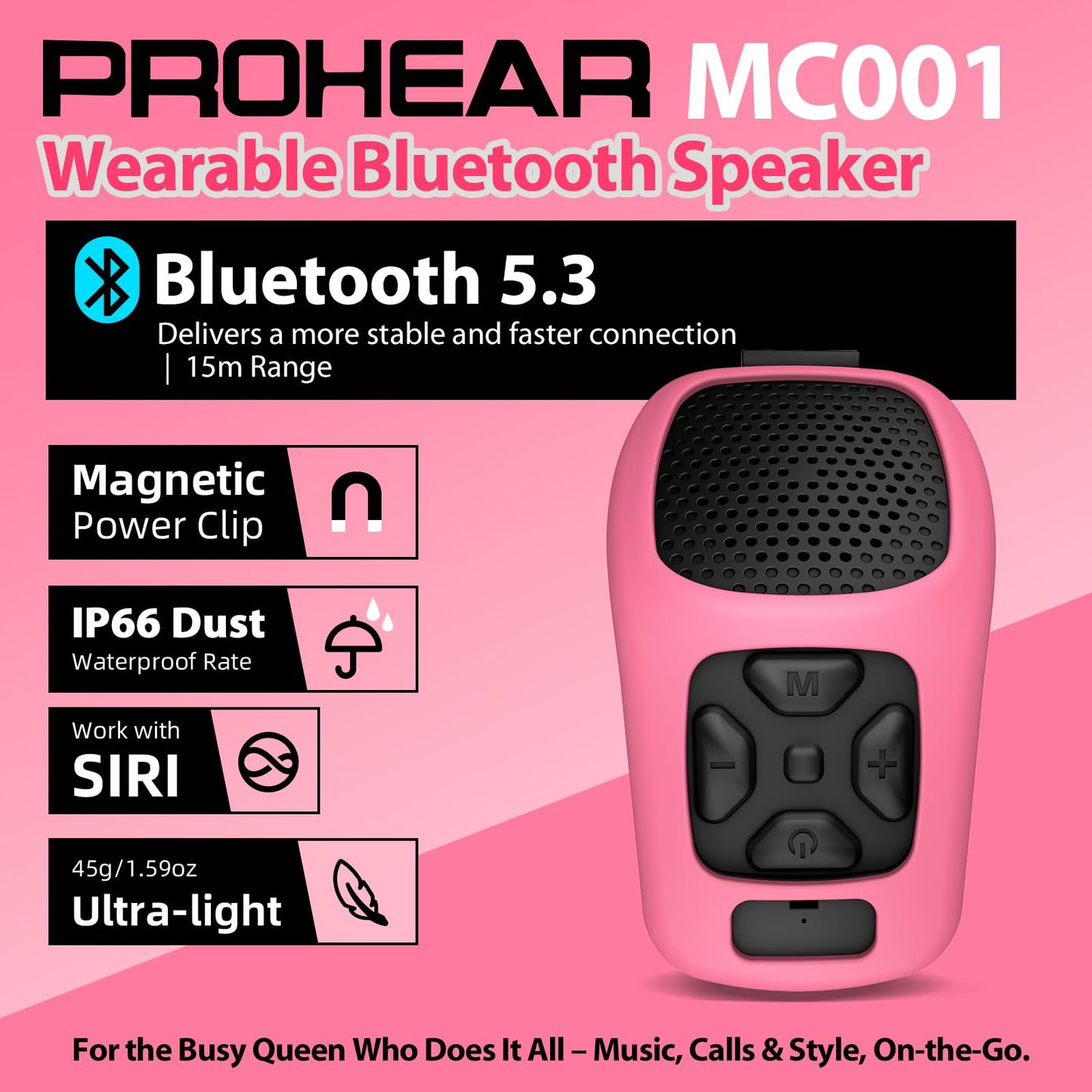 PROHEAR MC001 Wearable Bluetooth Speaker - 45g Portable Small Speaker with Magnetic Clip-On, IP66 Waterproof Certified, Built-in Mic, Voice Assistant for Hands Free Calls, Gifts for Women(Warm Pink)