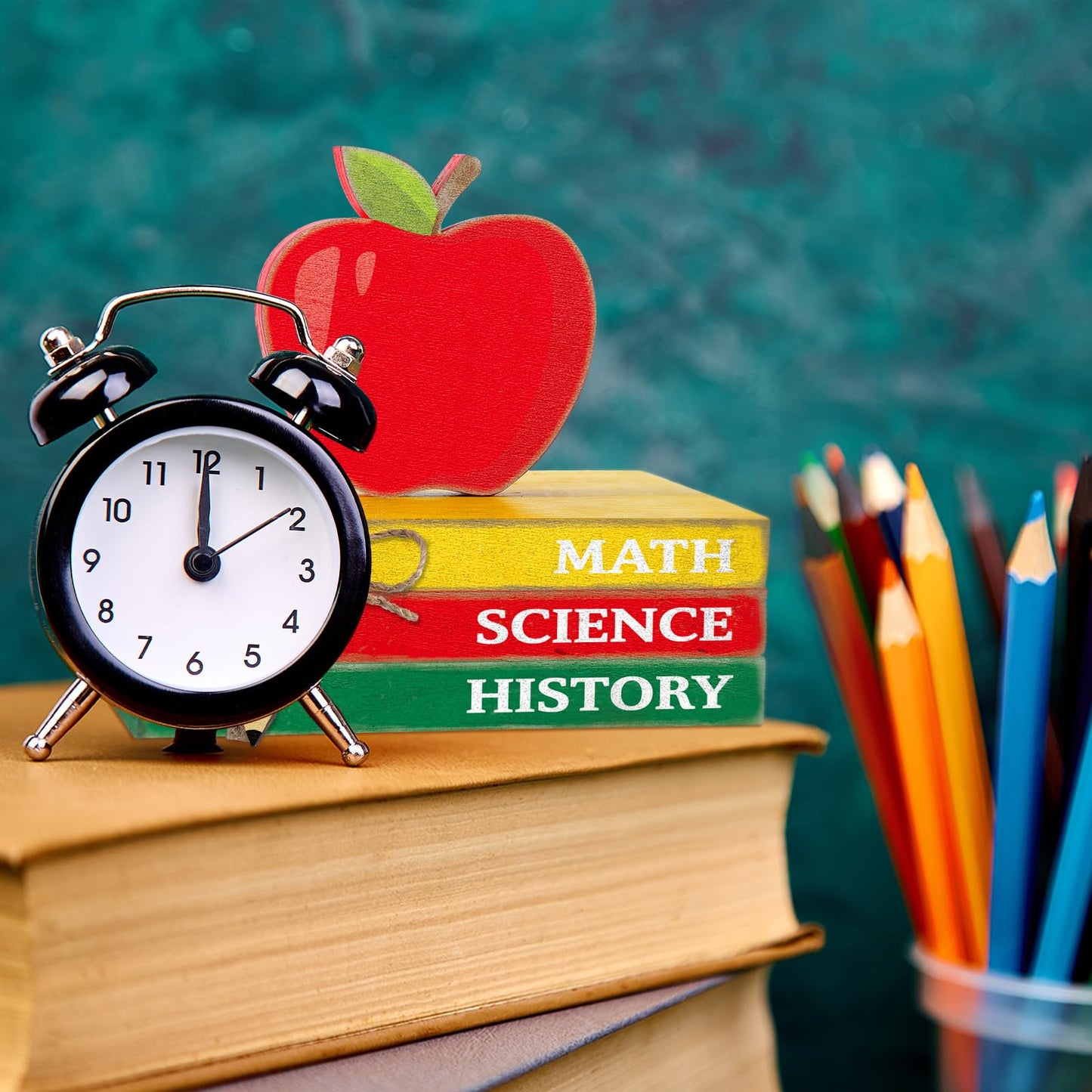 Yousoontic 4 Pcs Back to School Table Decor First Day of School Tiered Tray Decoration Apple Book Pencil Classroom Decor Wood Stacks Books Centerpiece for Classroom Home Office Desk Decorations