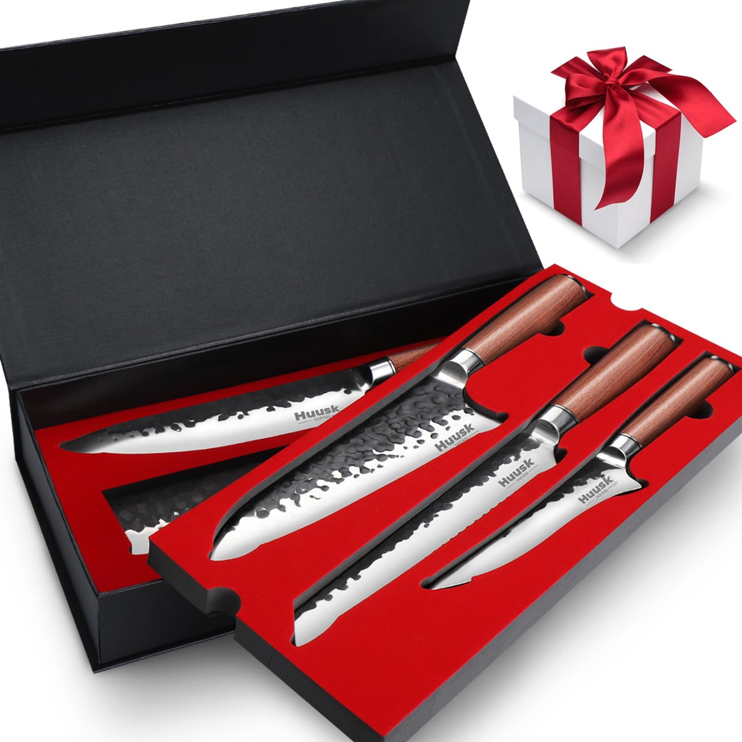 Huusk Japanese Chef Knife Set 6 pcs, Kitchen Knives with Hand-forged High Carbon Steel Blade, Sharp Cooking Knife Set with Ergonomic Wood Handle, Professional Kitchen Knife Set with Gift Box for Men
