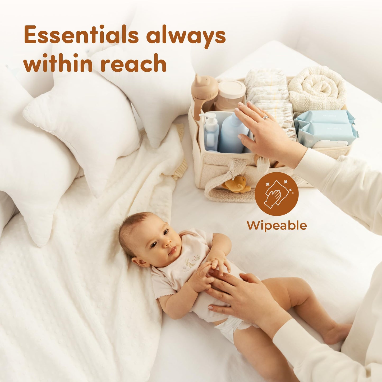 Sweety Fox Baby Diaper Caddy Organizer with Handle - Portable Sherpa Nursery Basket - Car Diaper Organizer, Cleaning Caddy, Gift for Baby Shower - Ivory